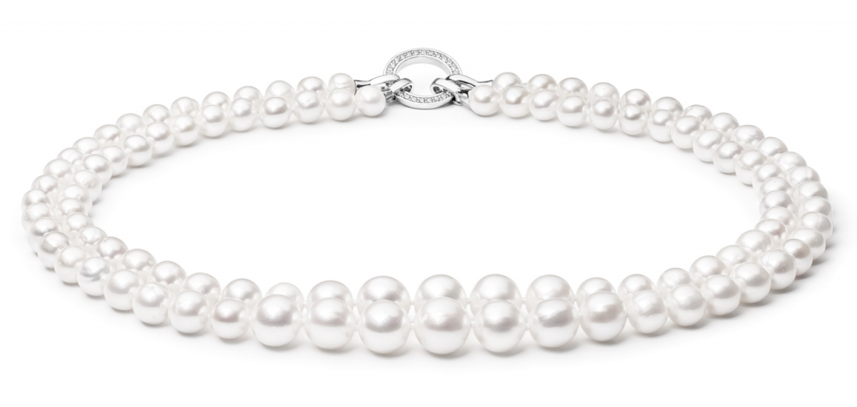 Luxury-Perlencollier weiß mit Zirkonia/Silber-Zierverschluss, rund, 7-10 mm,  45 cm, doppelt / lang tragbar